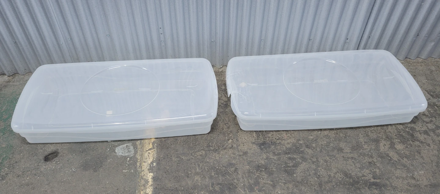 2 Clear Plastic Underbed Storage Bins with Lids