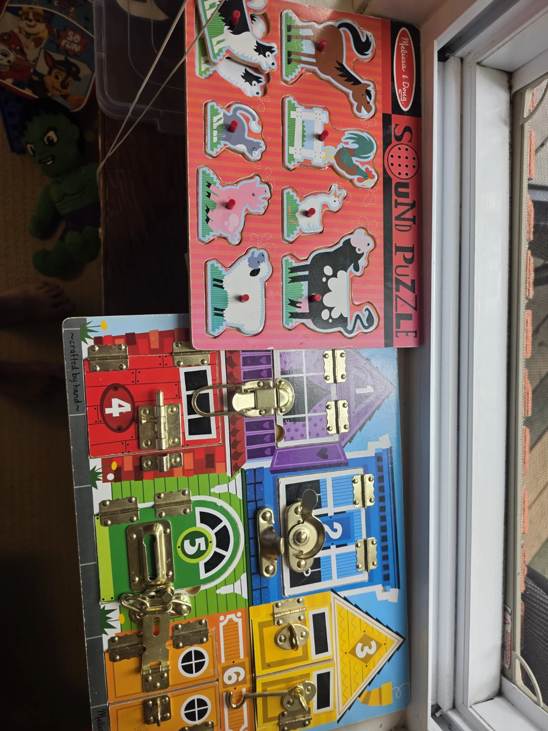 Melissa & Doug Wooden Latches Board + Farm Animal Peg Puzzle