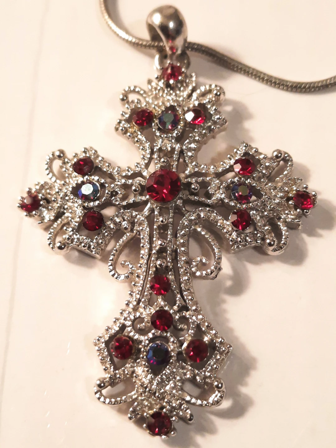 Silver-tone Cross Pendant Necklace with Red Jewels