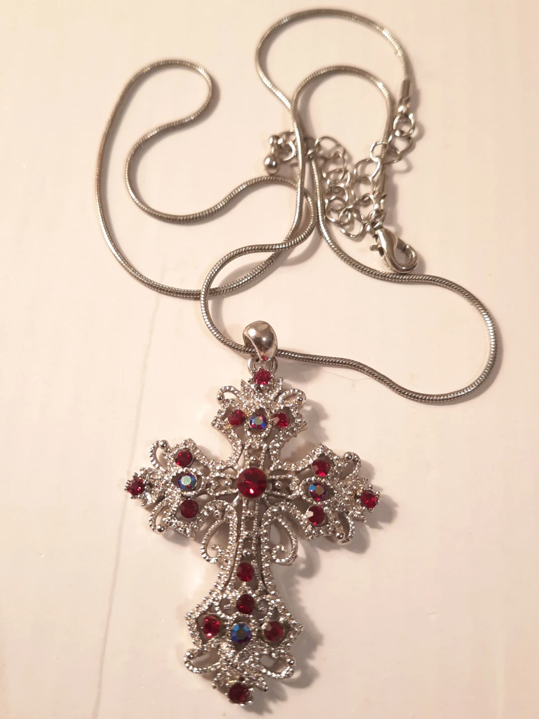 Silver-tone Cross Pendant Necklace with Red Jewels - photo 3