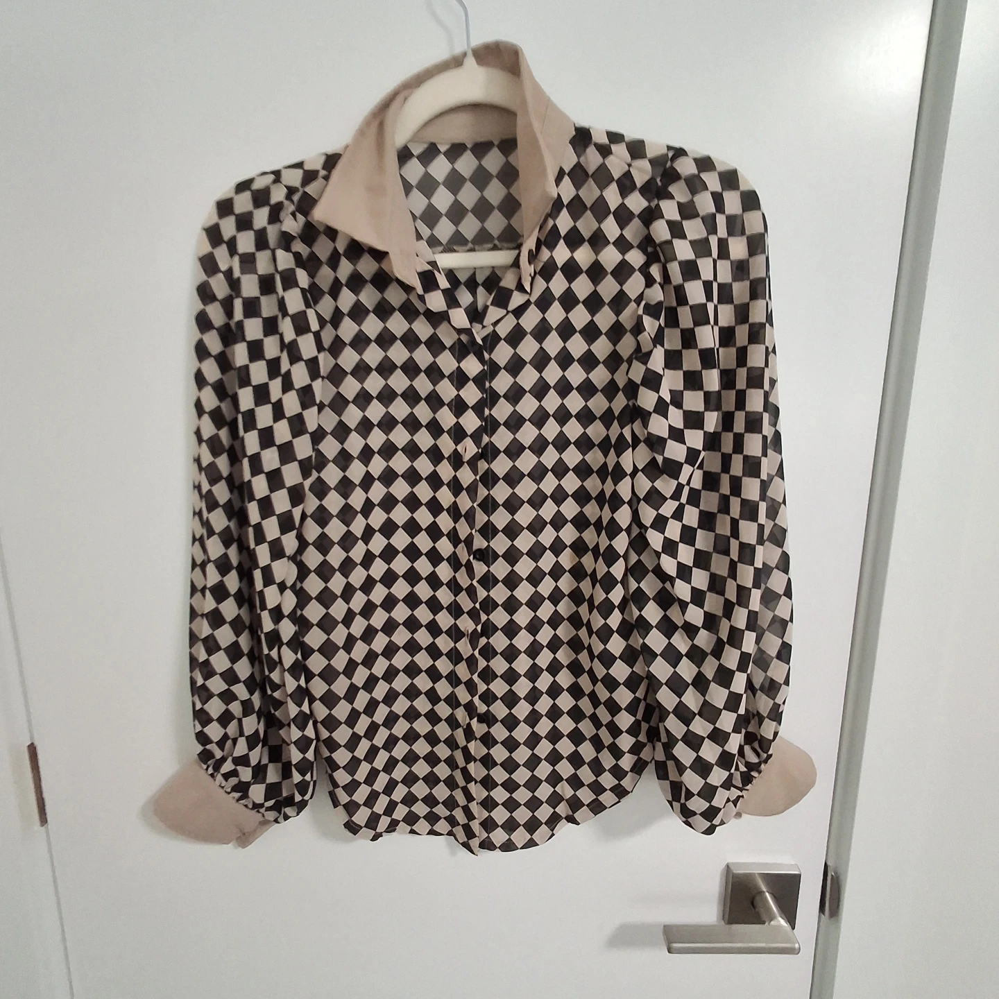 Women's Sheer Checkered Button-Up Blouse