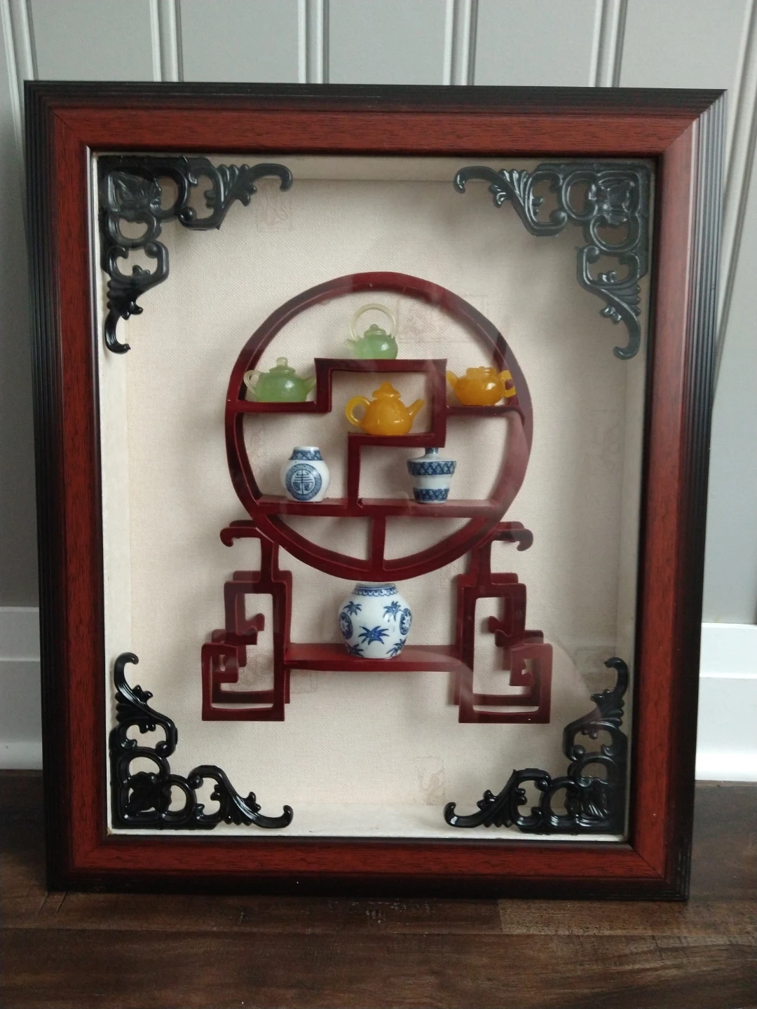 Decorative Shadow Box with Mini Teapots and Vases