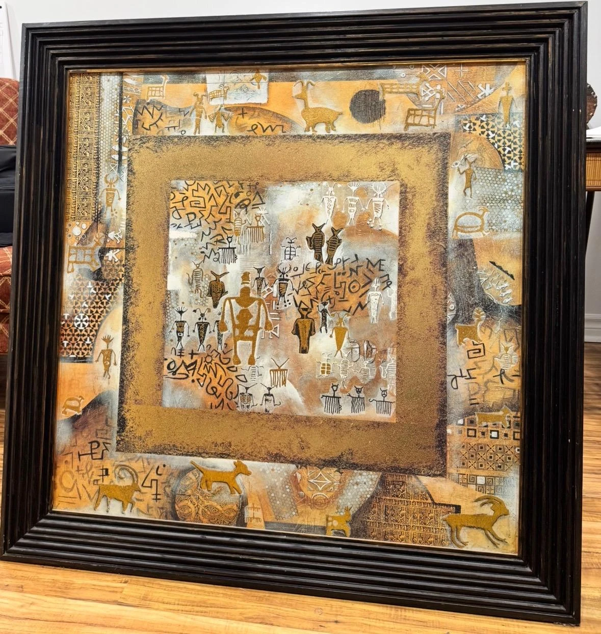 Framed Abstract Art with Petroglyph-style Figures