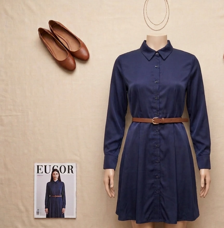 Navy Blue Button-Up Shirt Dress with Belt