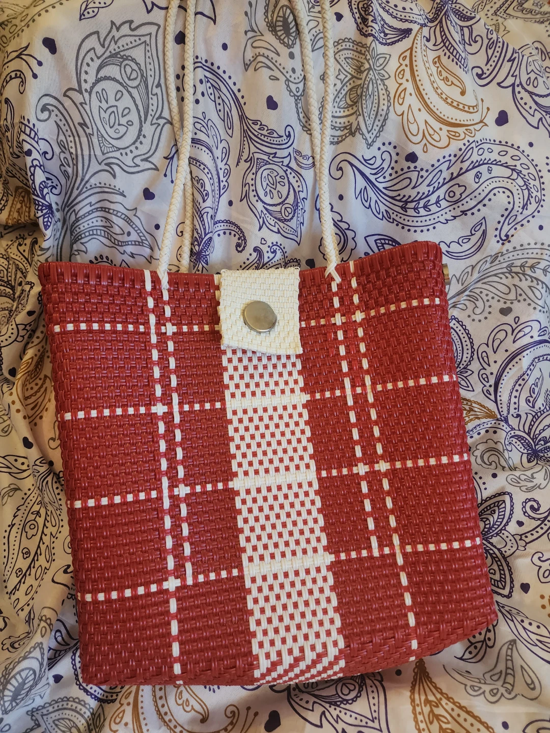 Red and White Woven Tote Bag