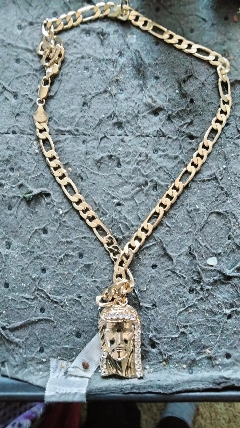 Gold Figaro Chain Necklace with Jesus Piece Pendant