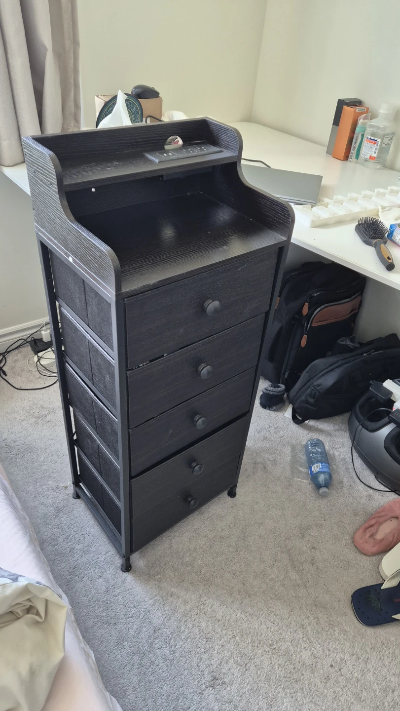 Dark Wood Nightstand with 5 Drawers and Built-in Outlet - photo 2