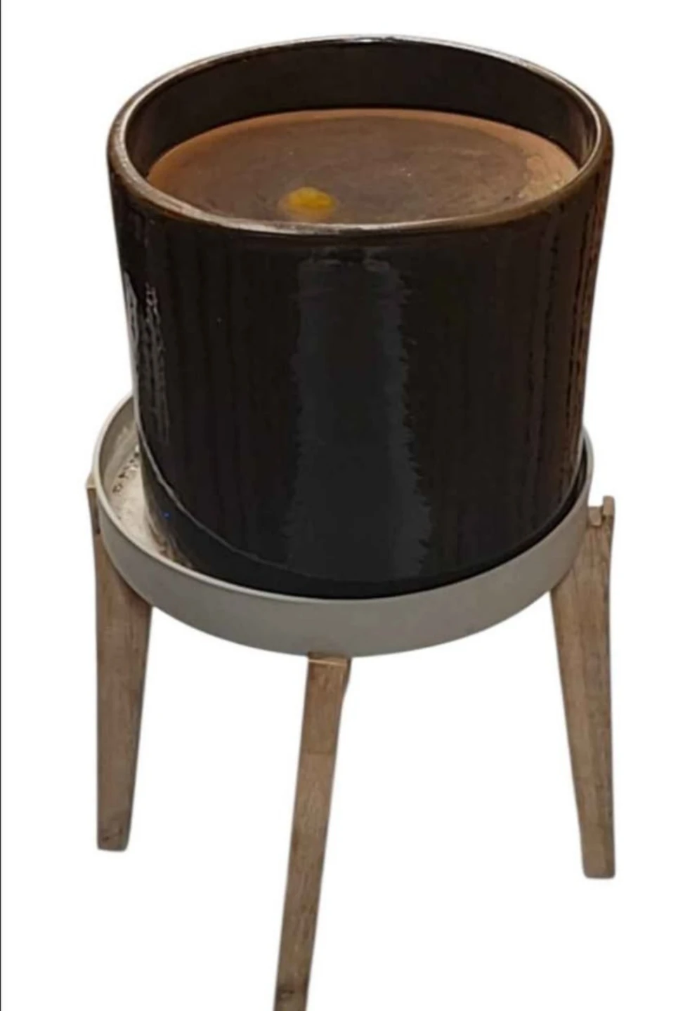Large Dark Brown Ceramic Planter with Wooden Stand - photo 2