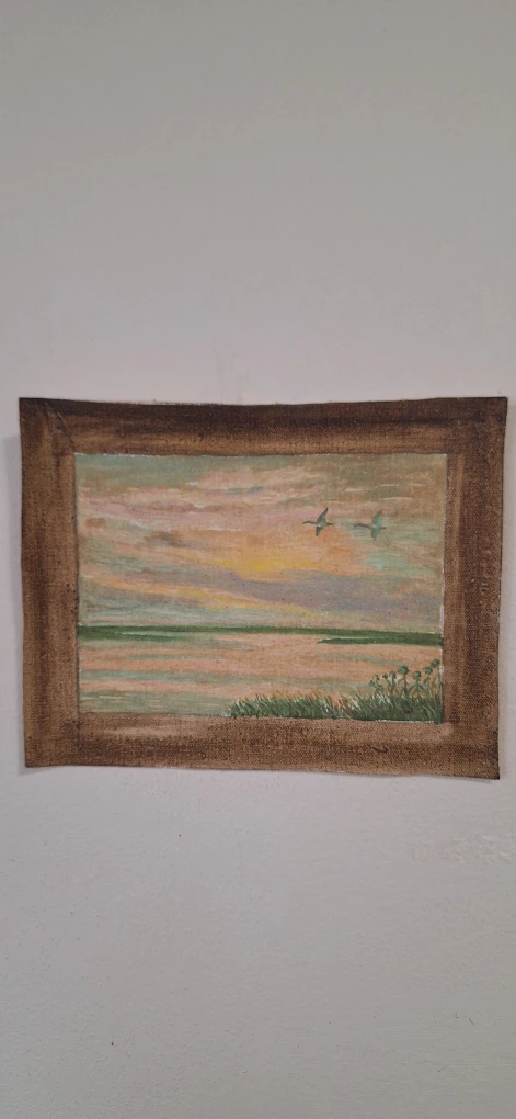 Small Landscape Painting of Ducks Flying at Sunset