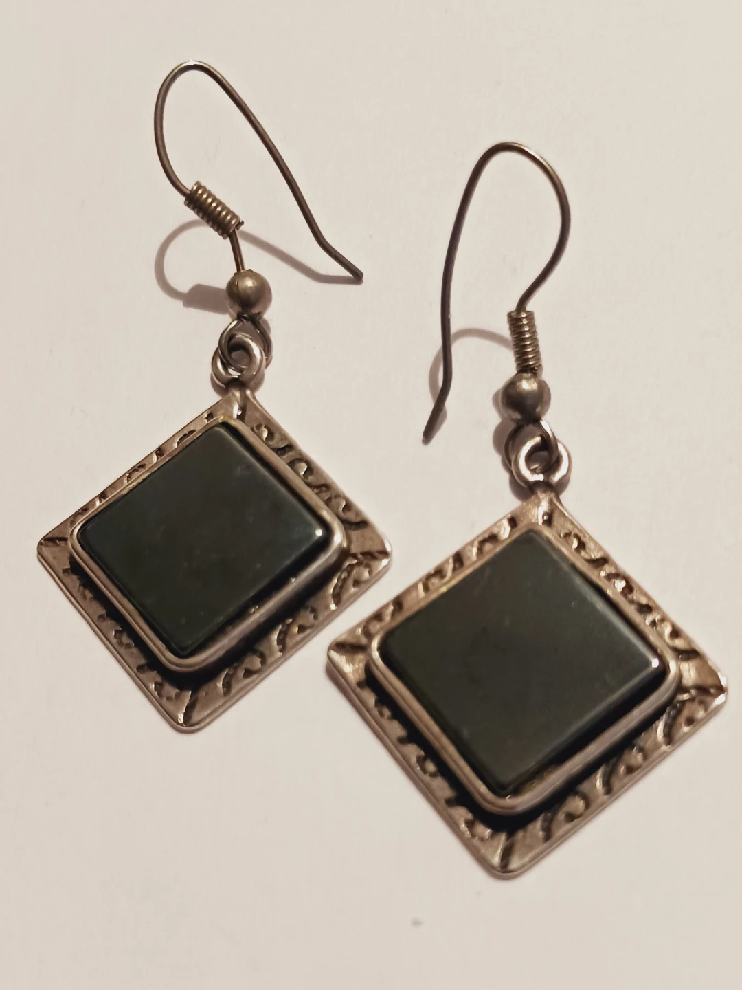 Sterling Silver 925 Obsidian Stone Diamond Drop Earrings - photo 2