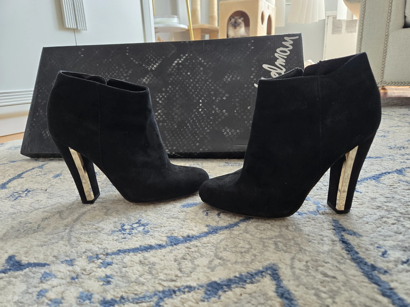 Black Suede Ankle Boots with Gold Accent Heel