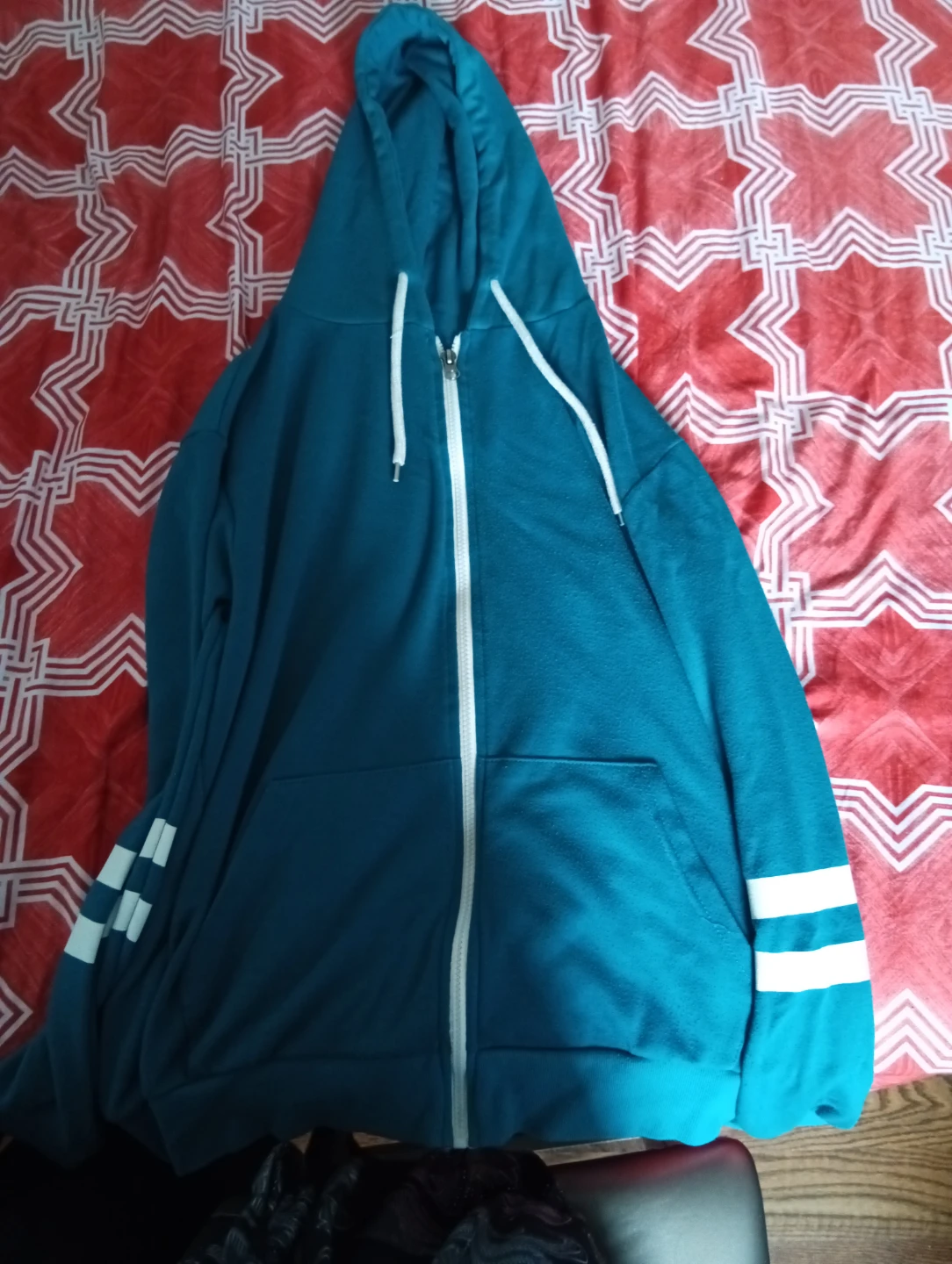 Teal Zip-Up Hoodie with White Stripes