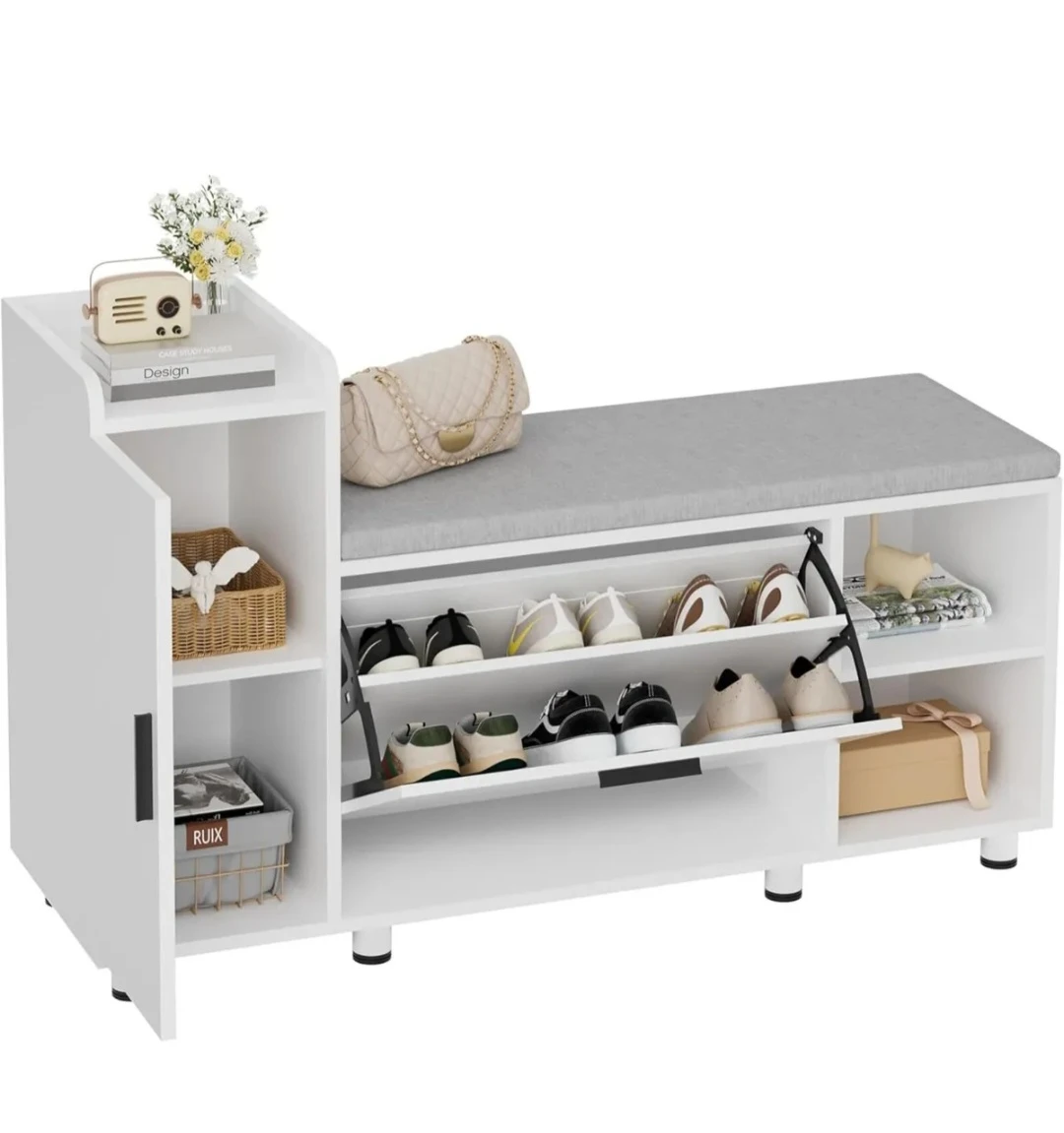 White Shoe Cabinet with Bench and Storage - photo 3
