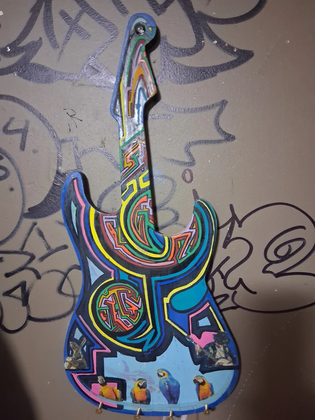 Unique Guitar Shaped Art Piece with New York Knicks Theme
