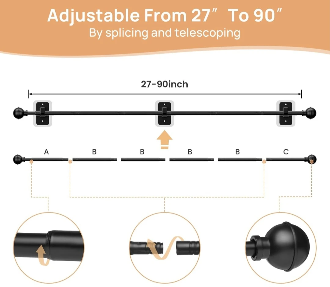 Adjustable Curtain Rods No Drill 27"-90" - photo 3
