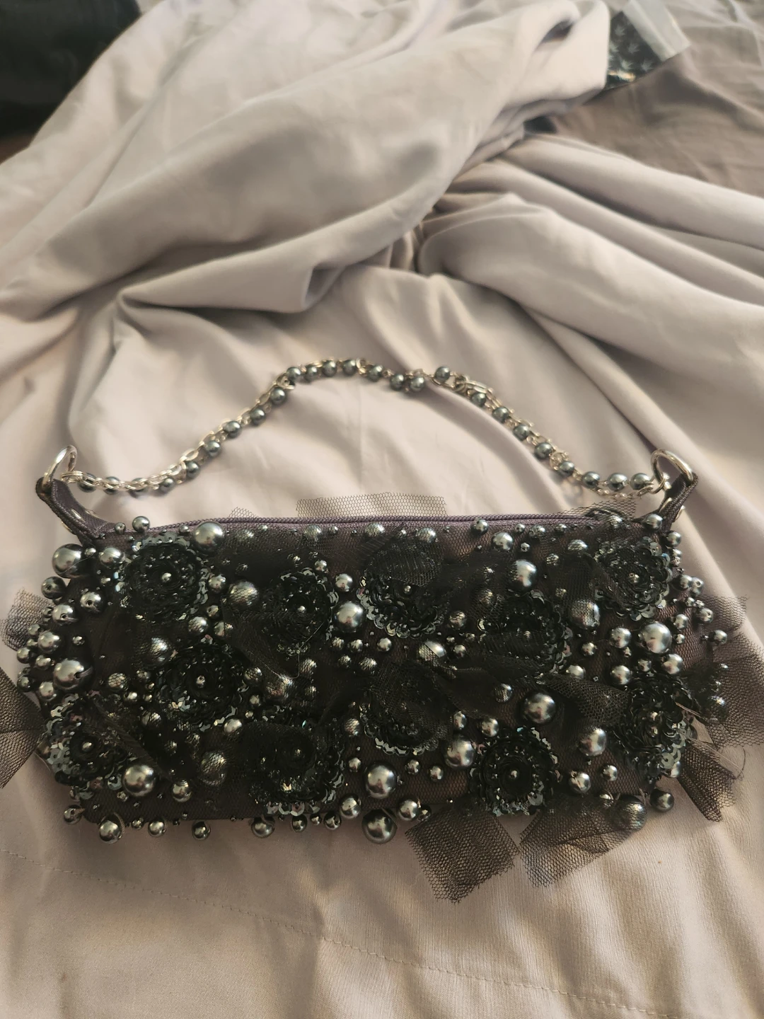 Dark Grey Pearl Beaded Silk Clutch - photo 2