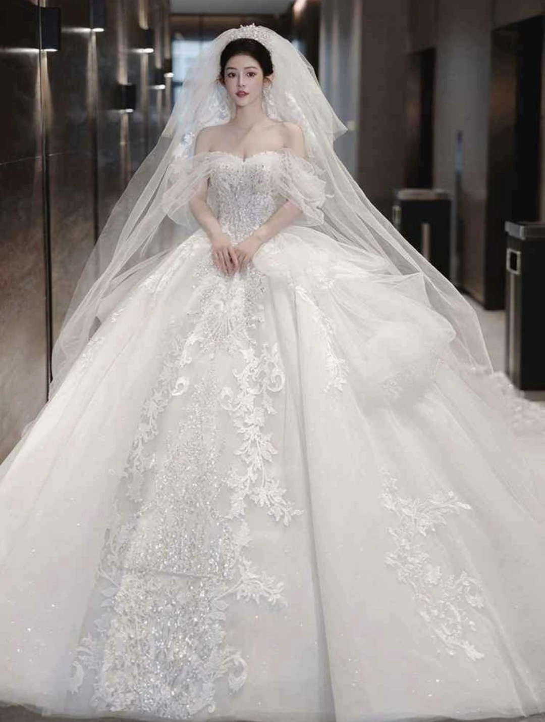 White Off-the-Shoulder Wedding Dress with Beading