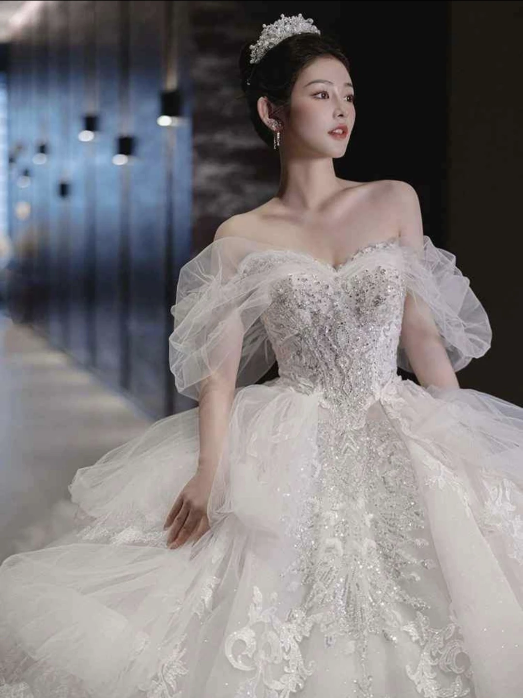 White Off-the-Shoulder Wedding Dress with Beading - photo 2