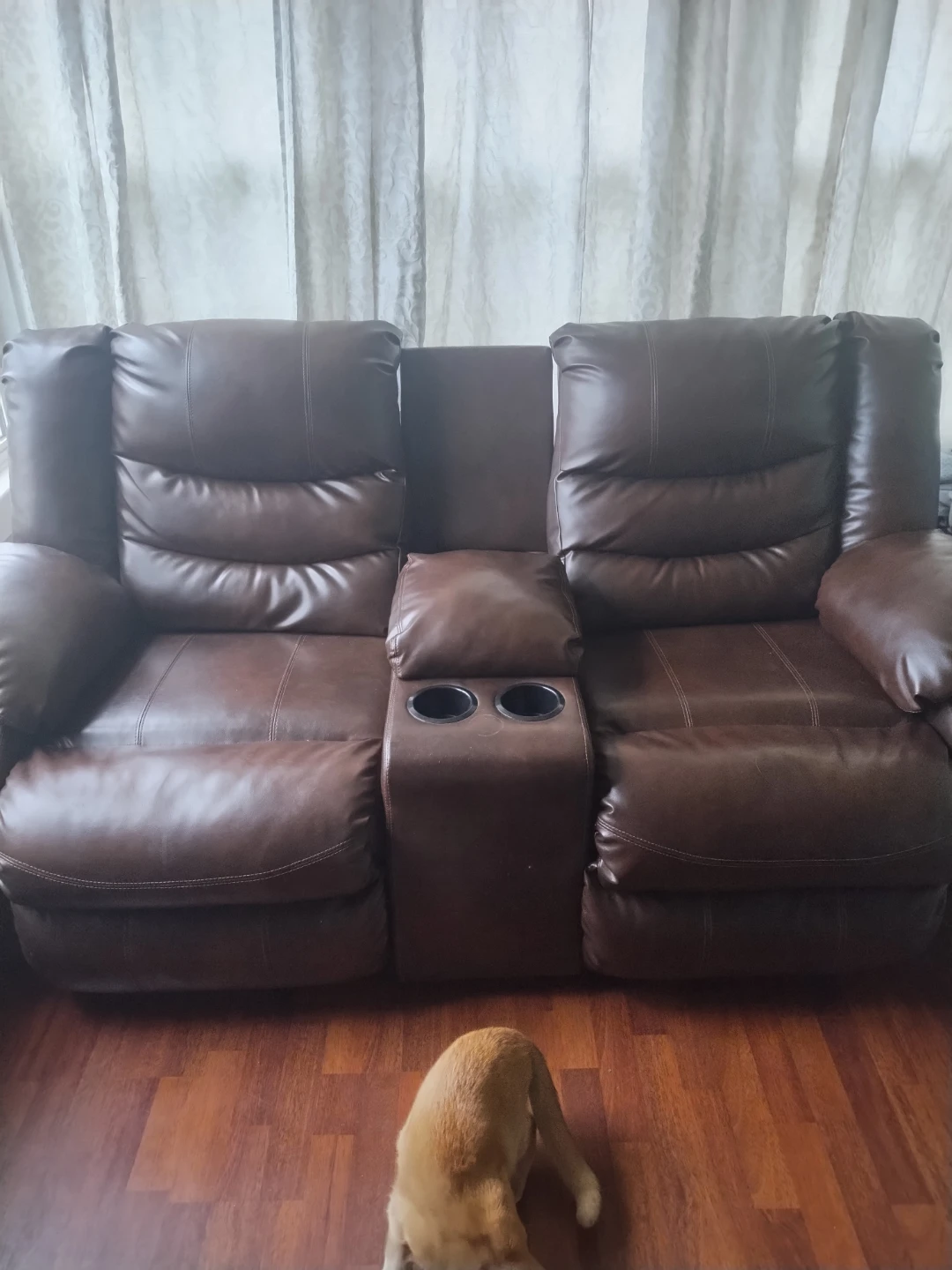 Brown Leather Loveseat Recliner with Cup Holders - photo 2