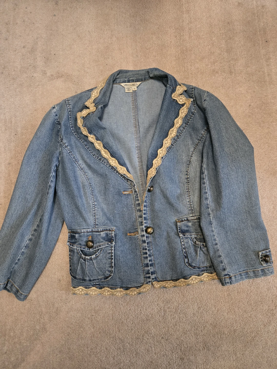 Simon Chang Denim Jacket with Lace Trim