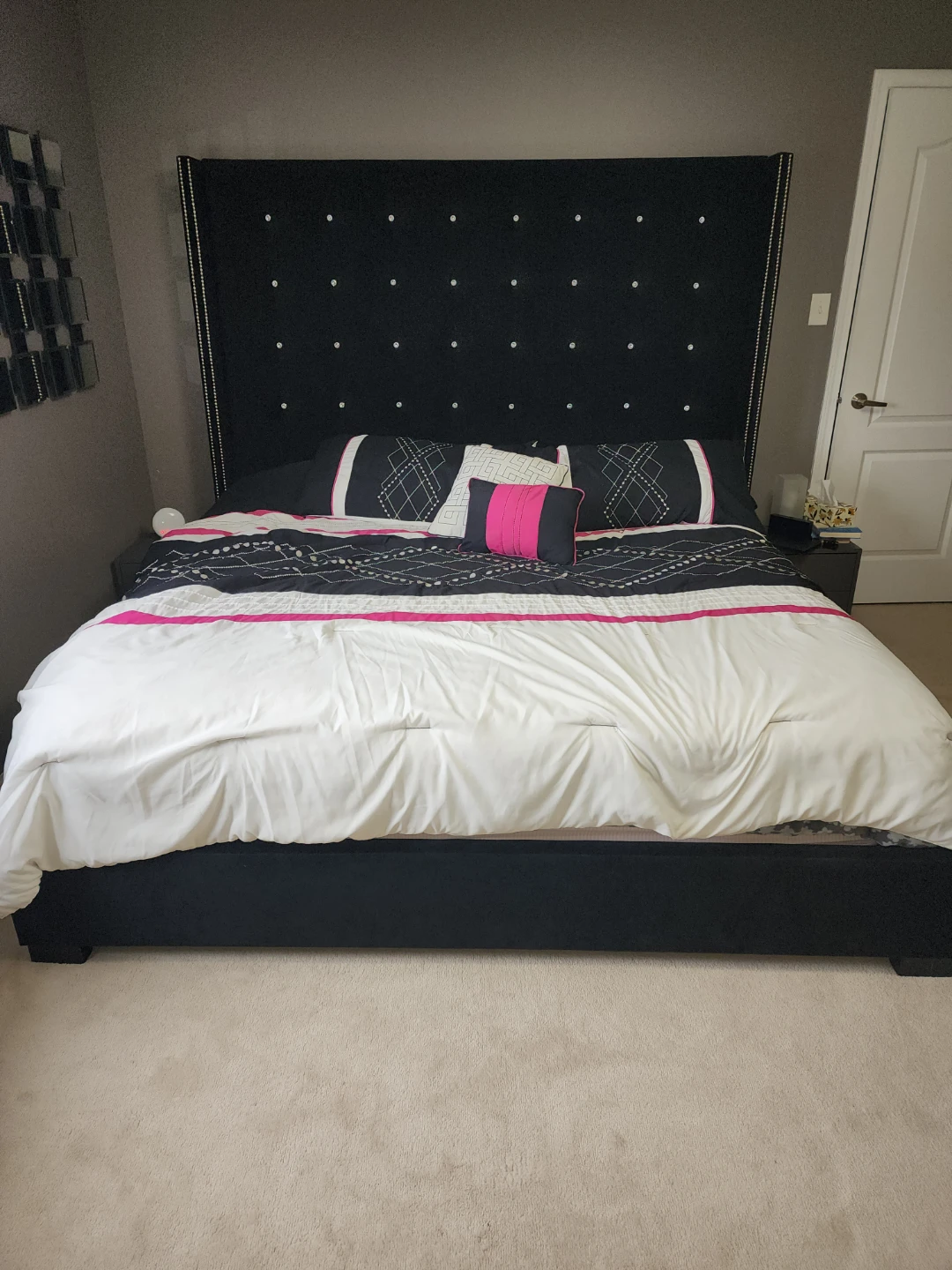 Black Upholstered King Bed Frame with Crystal Tufting - photo 2