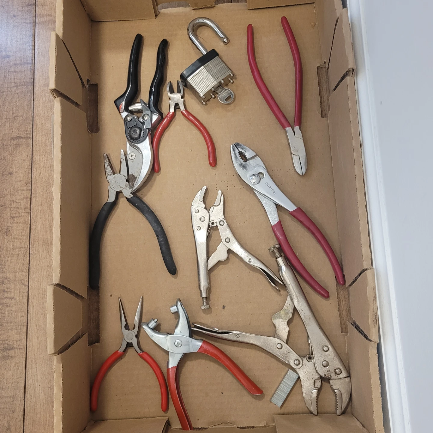 Assorted Pliers, Lock, and Garden Shears