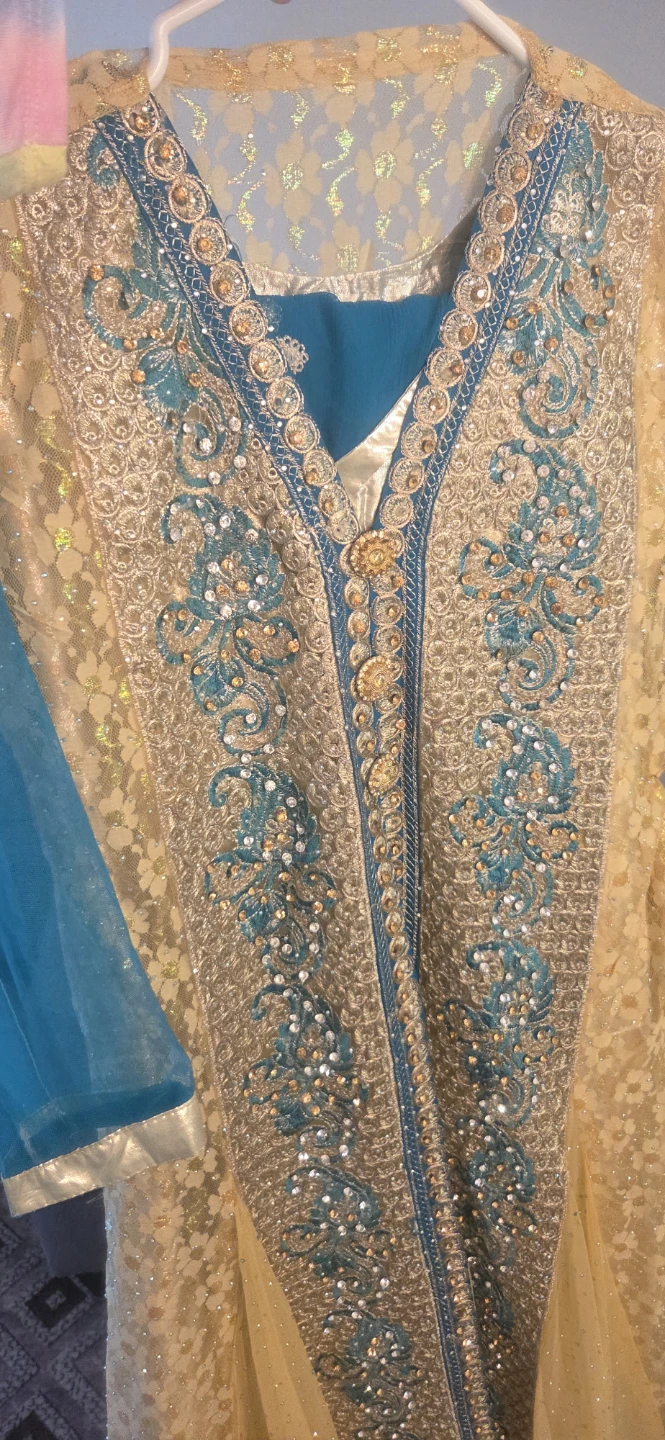 Embellished Yellow and Blue Traditional Pakistani Dress - photo 2