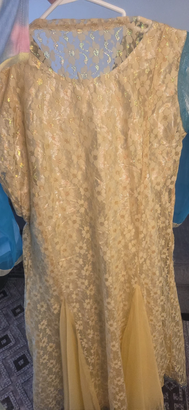 Embellished Yellow and Blue Traditional Pakistani Dress - photo 3