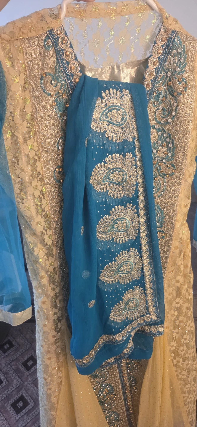 Embellished Yellow and Blue Traditional Pakistani Dress - photo 4