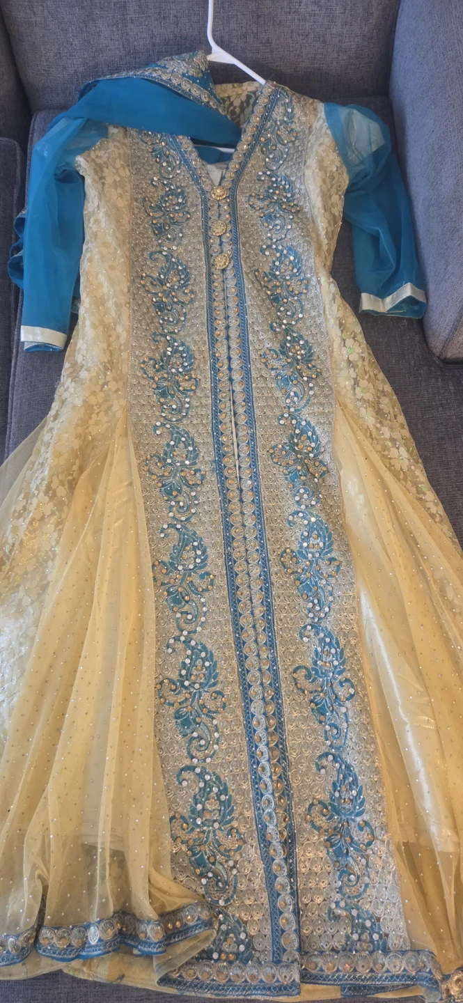 Embellished Yellow and Blue Traditional Pakistani Dress - photo 5
