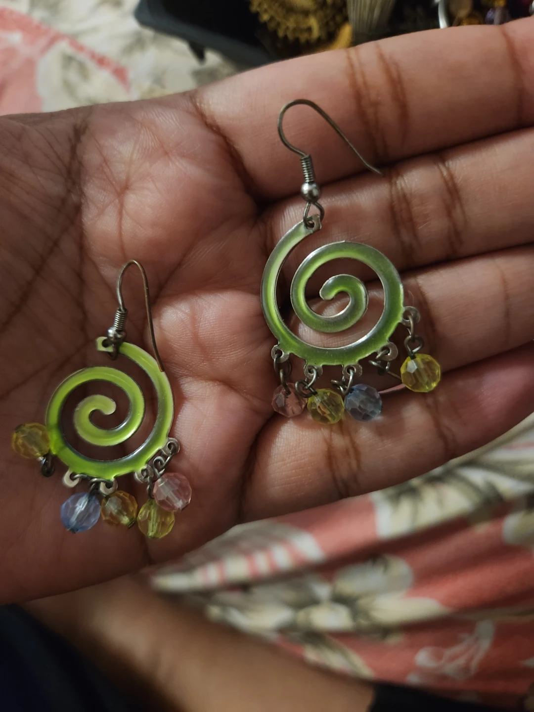 Lime Green Spiral Dangle Earrings with Beads ⚽