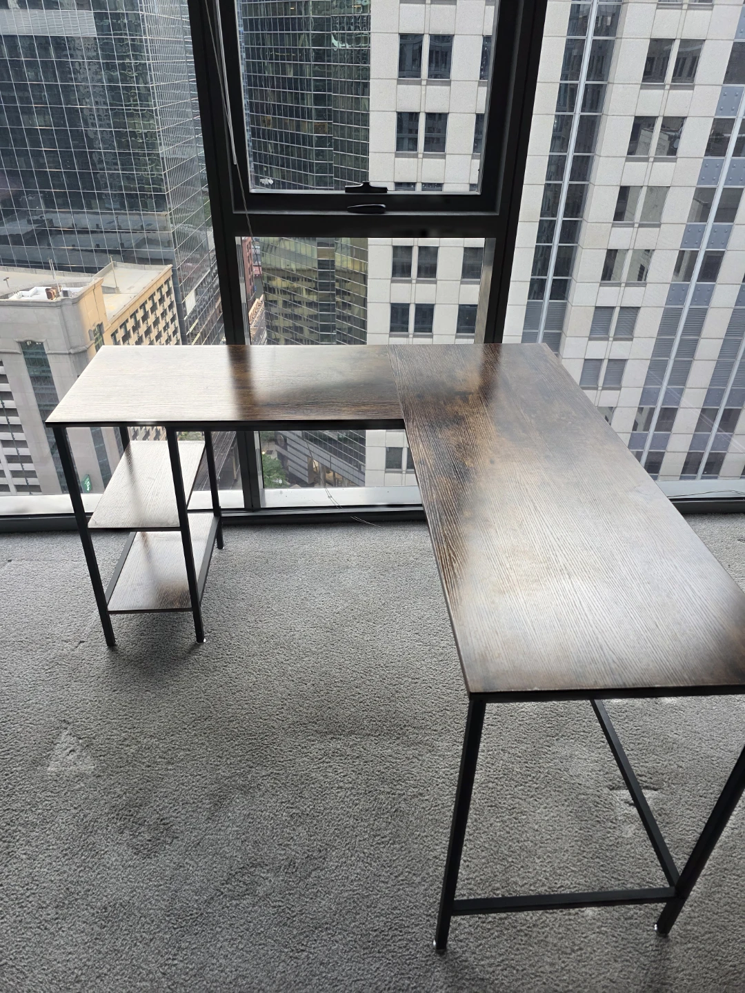 L-Shaped Wood Desk with Metal Frame