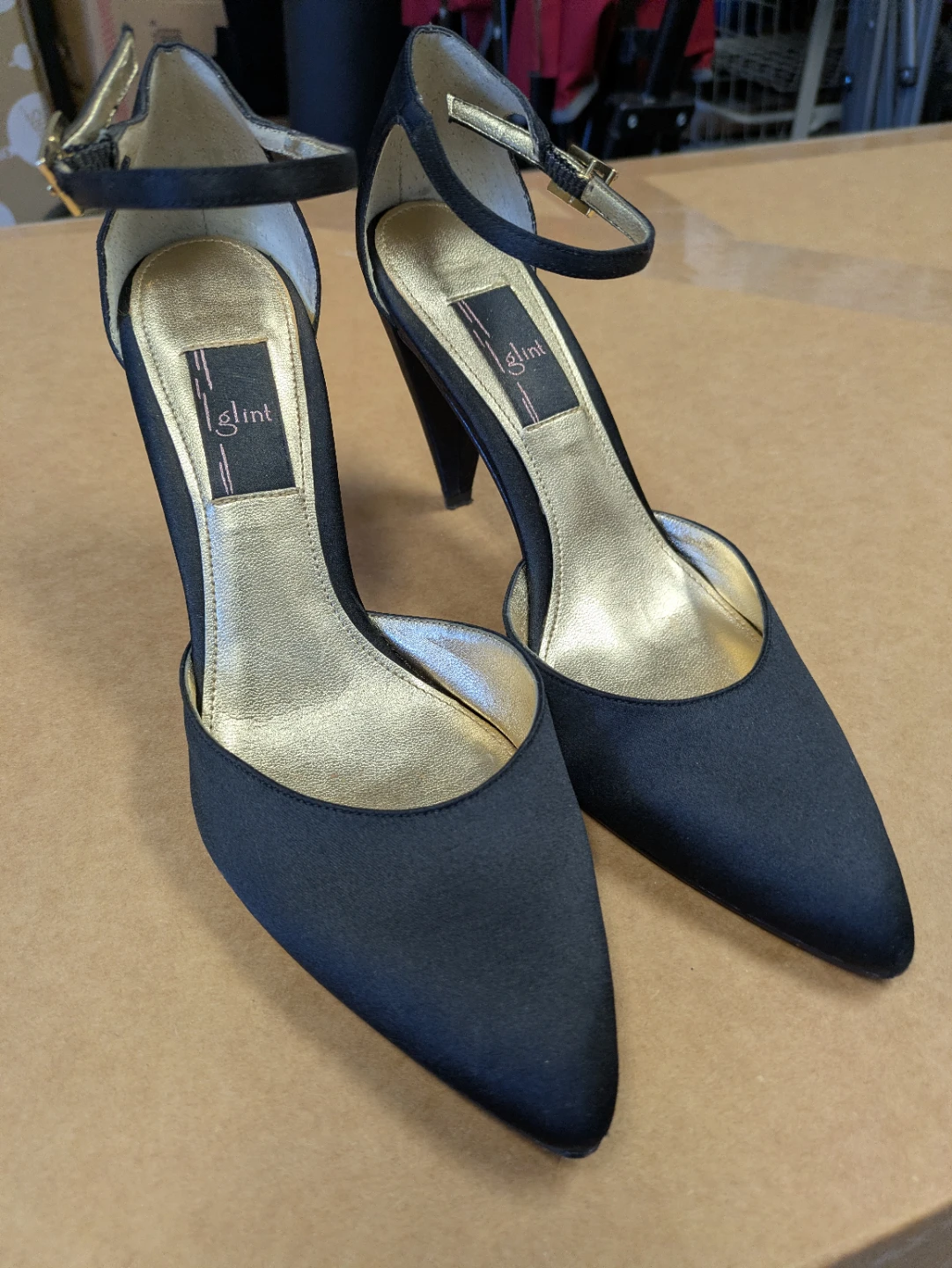 Black Satin Ankle Strap Heels