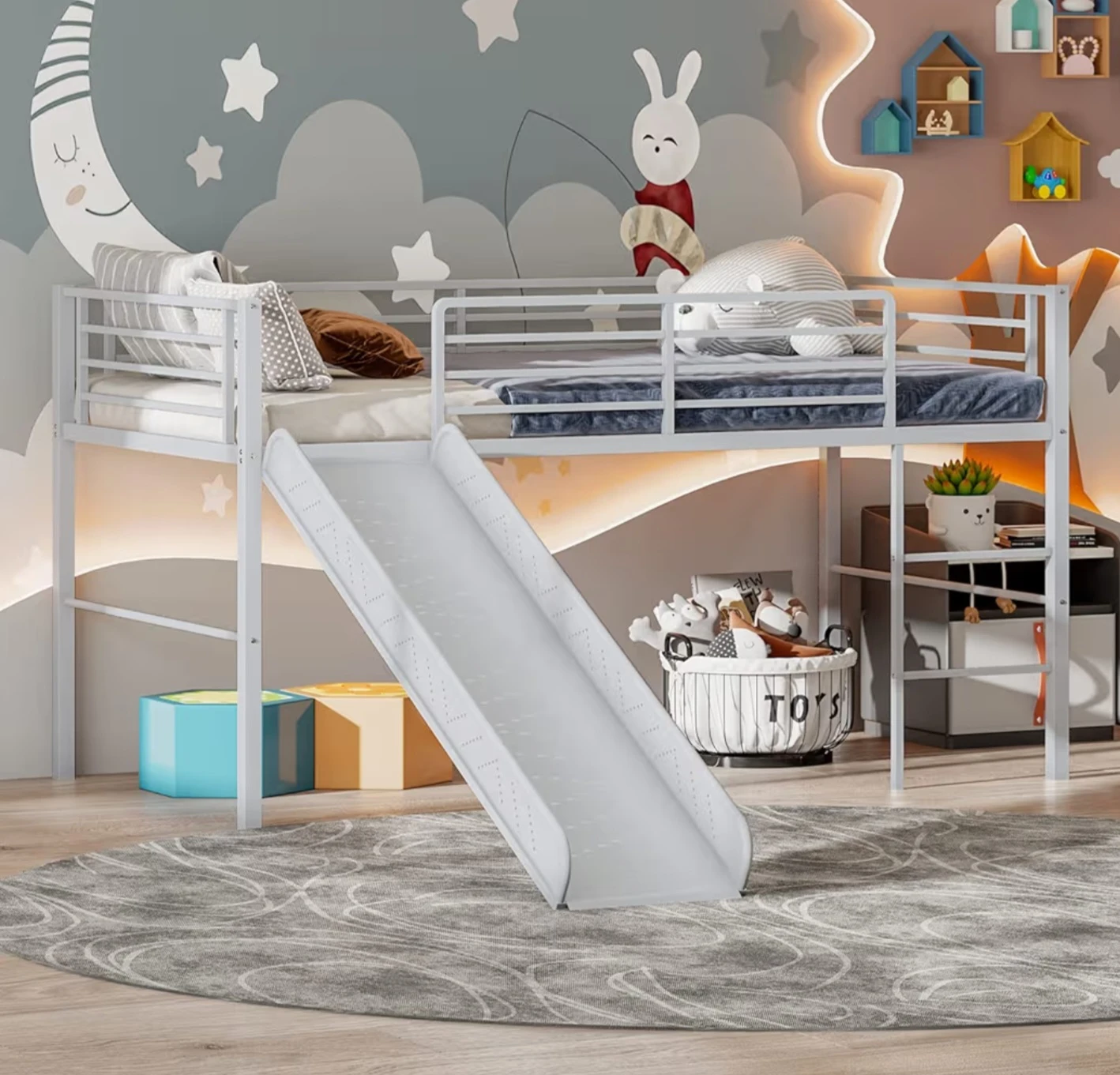 White Metal Loft Bed with Slide