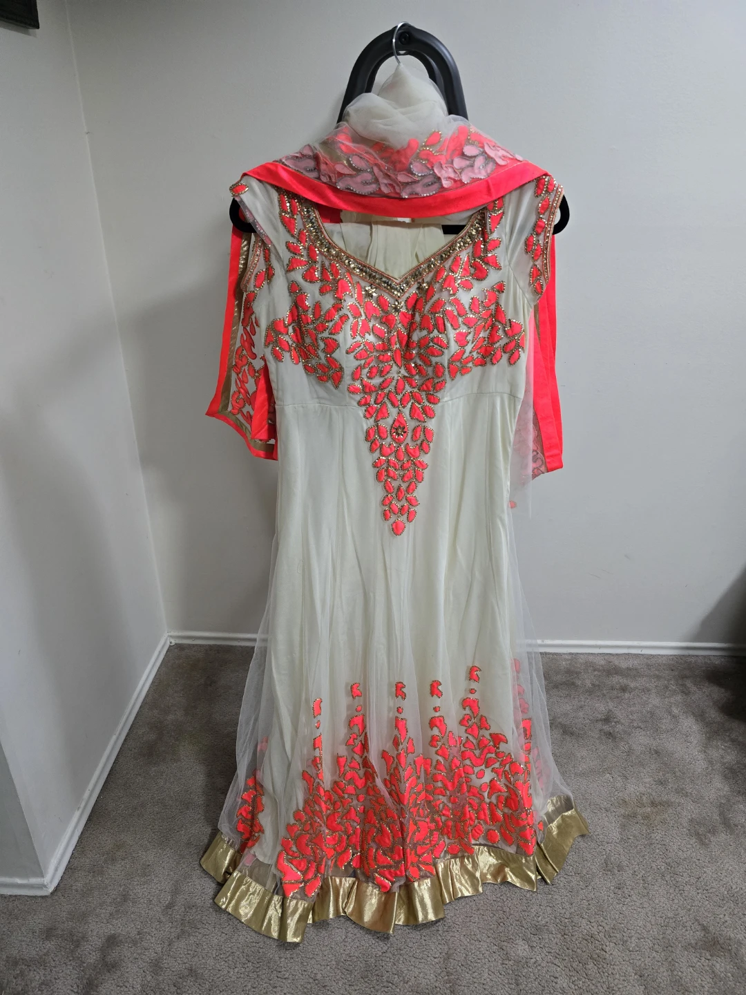 White Anarkali Dress with Pink Embroidery and Dupatta
