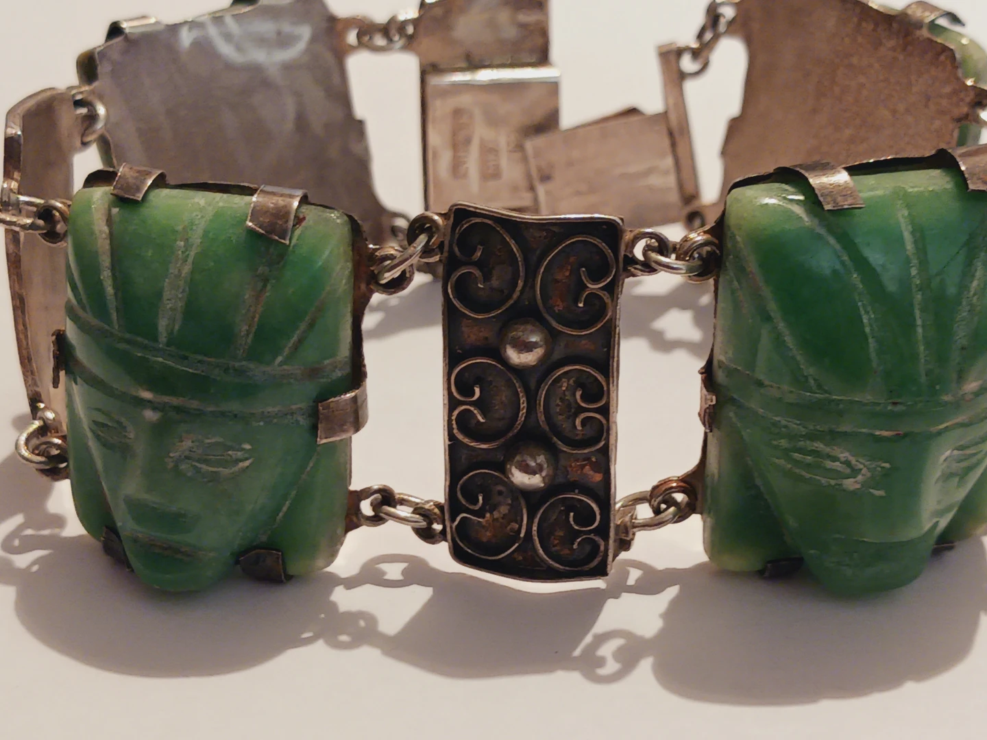 Sterling Silver 925 Tlaloc Aztec Mayan Warrior Jade Bracelet