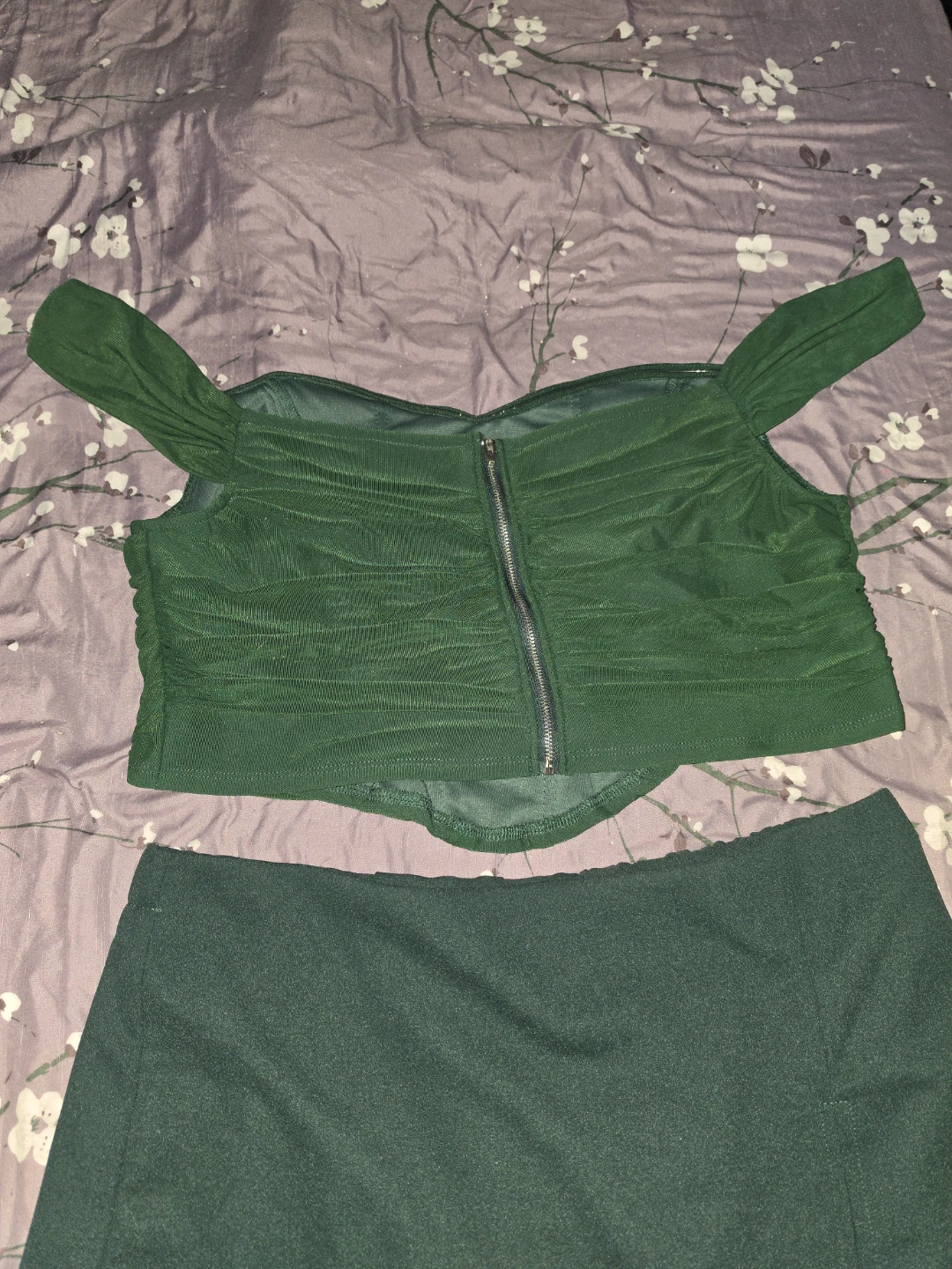 Green Off-the-Shoulder Ruched Top and Mini Skort Set