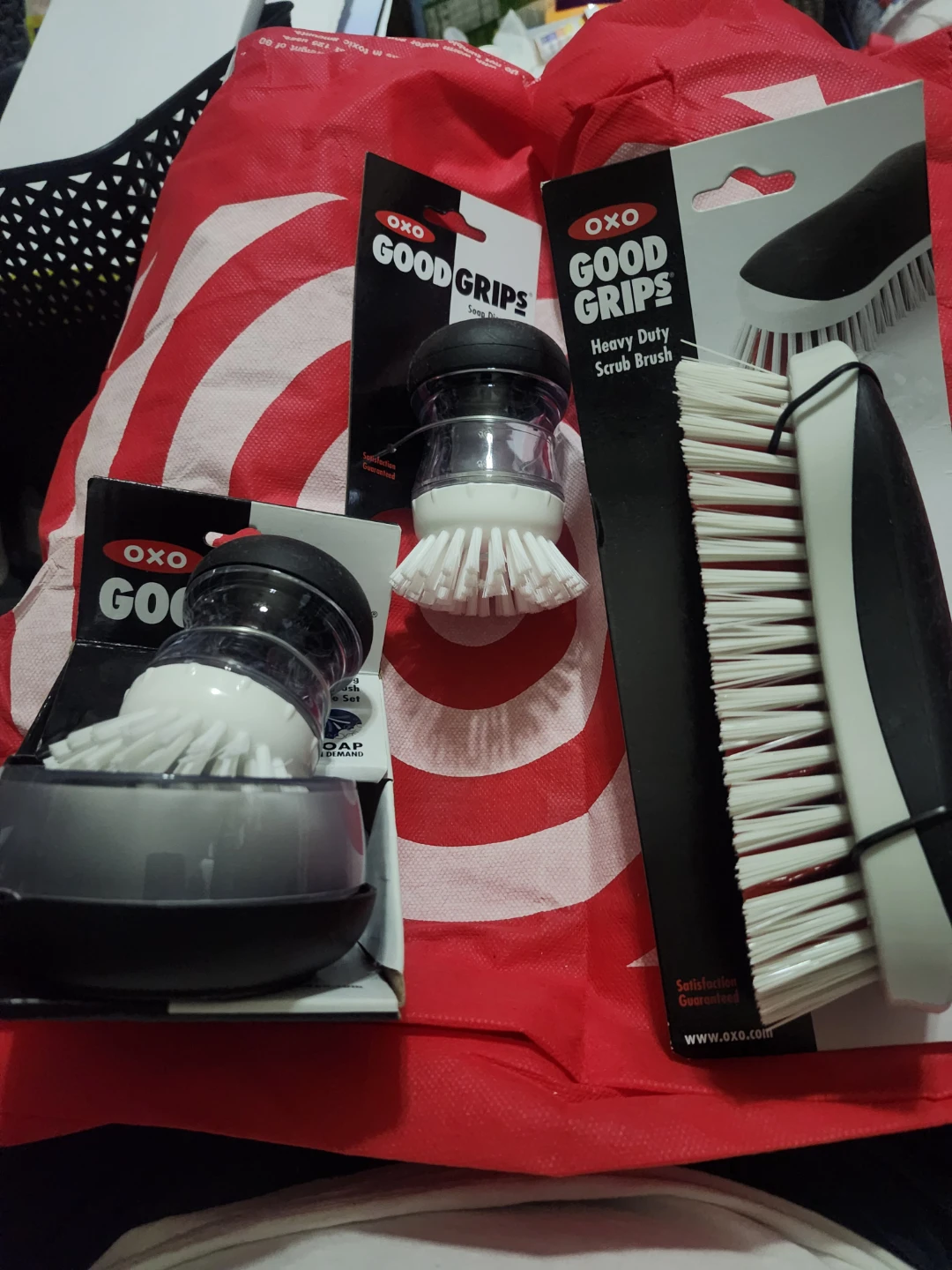 2 OXO Good Grips Soap Dispensing Brushes and 1 Scrub Brush