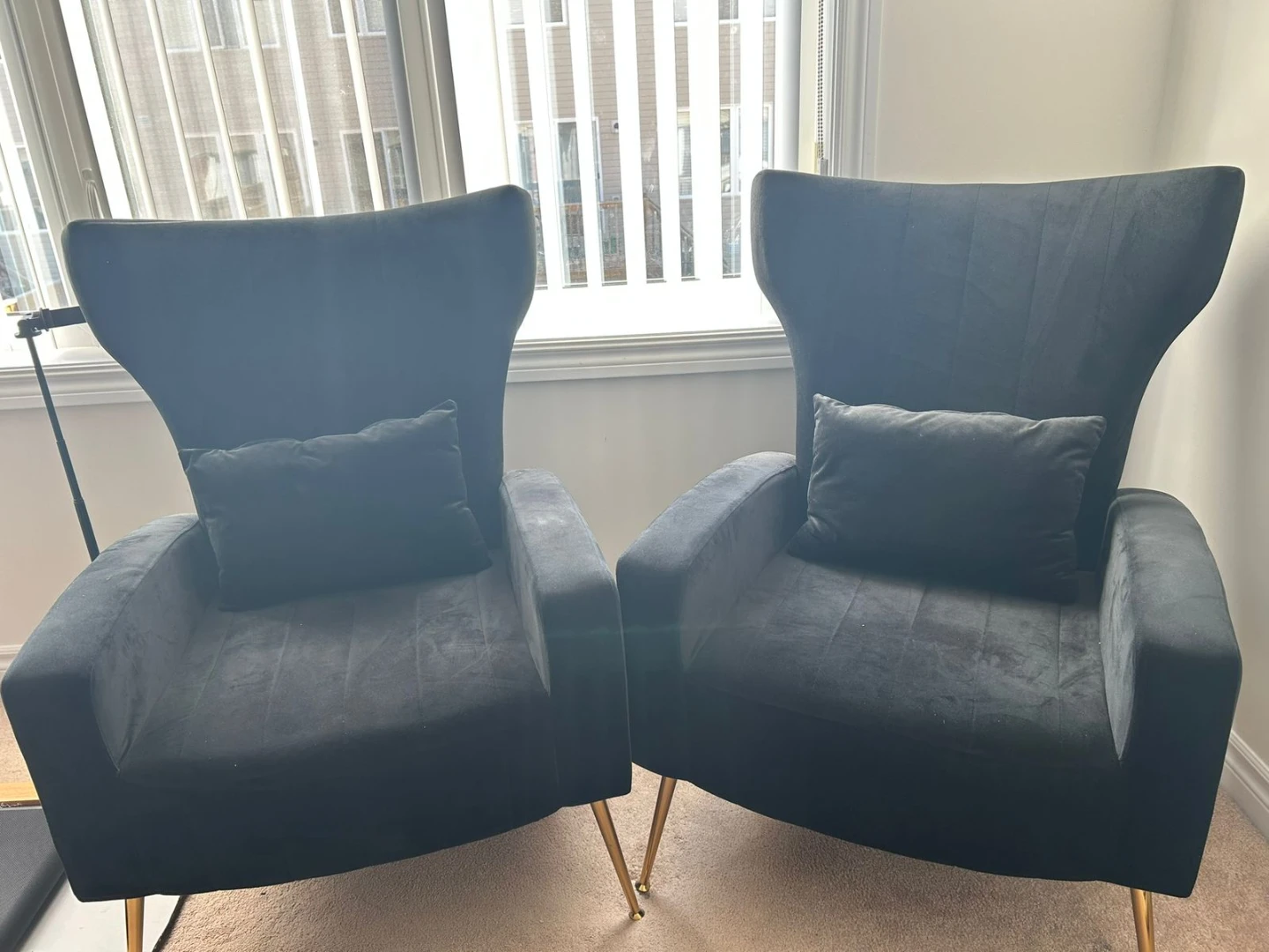 Upholstered velvet Arm chairs (set of 2) & ottomans
