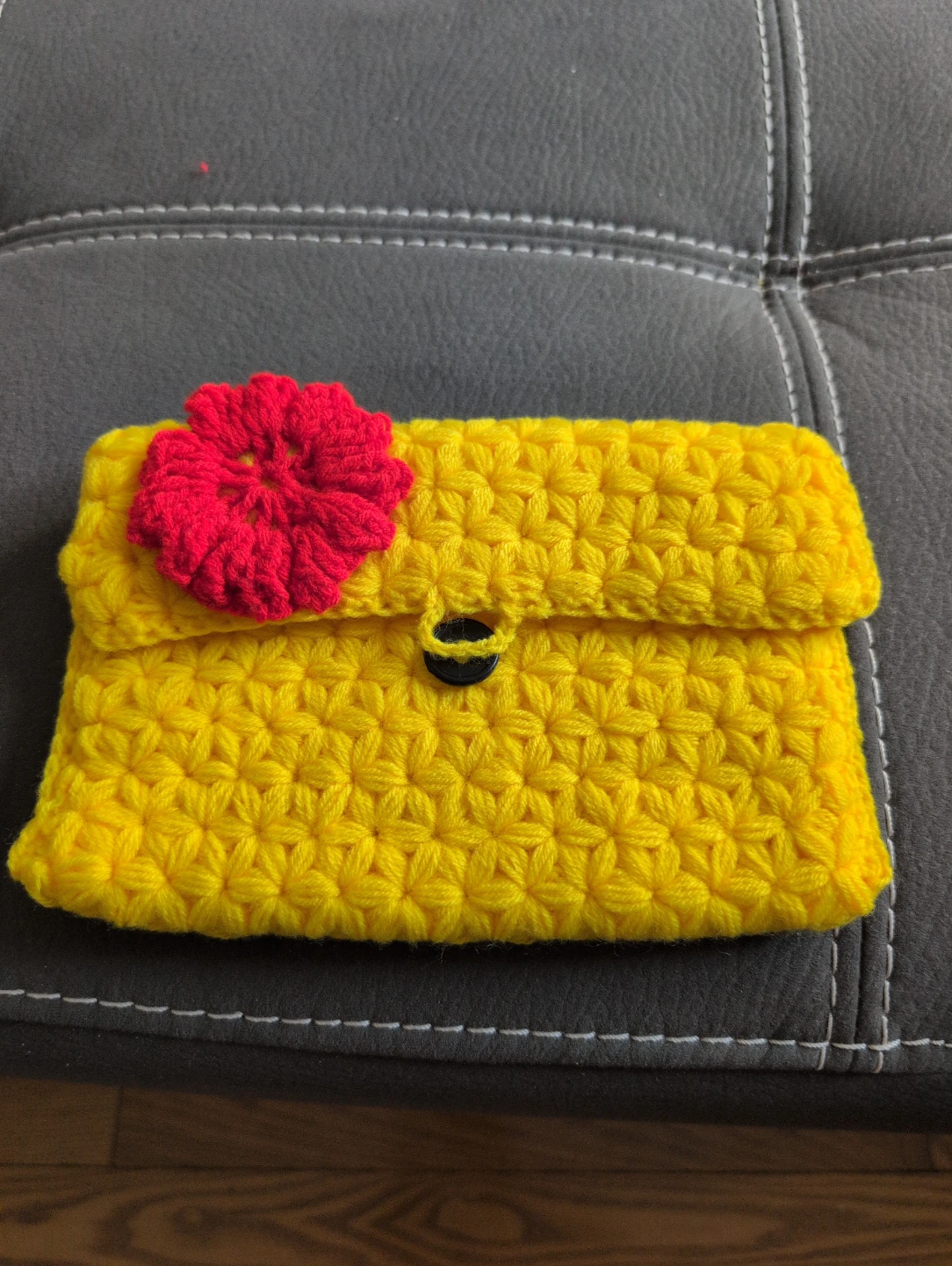 Hand Crocheted Yellow Clutch with Red Flower Accent - photo 2