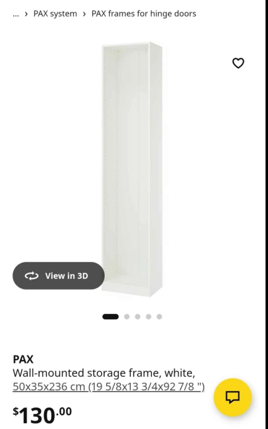IKEA PAX Wall-mounted Storage Frame White 50x35x236 cm