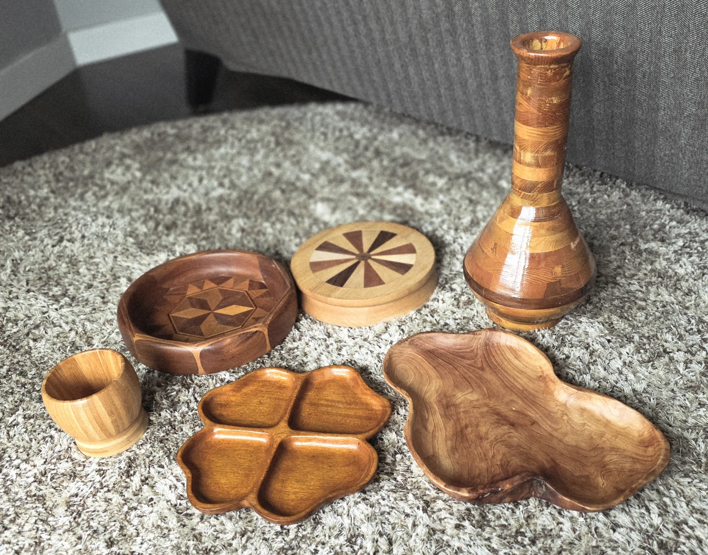 Beautiful wood turned vase, bowls, Burl wood tray, wood base