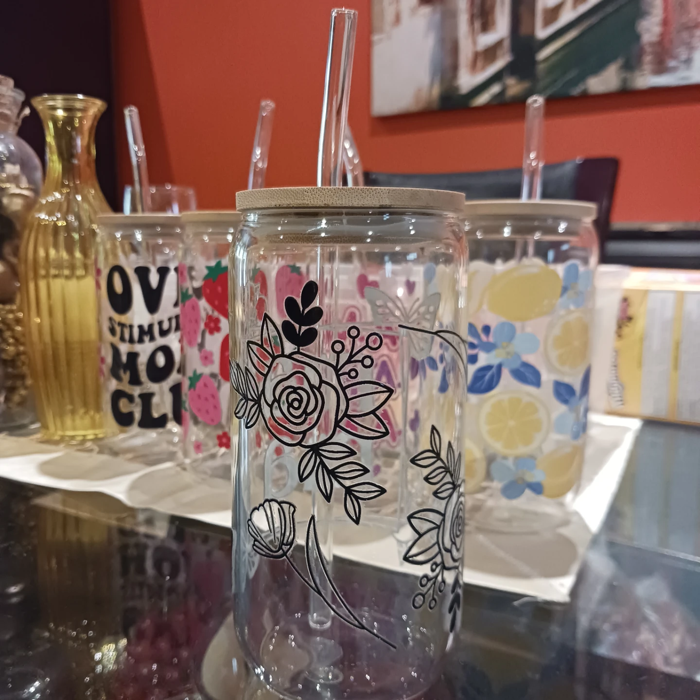 "Mama" & Floral Print Glass Tumblers with Straws - photo 3