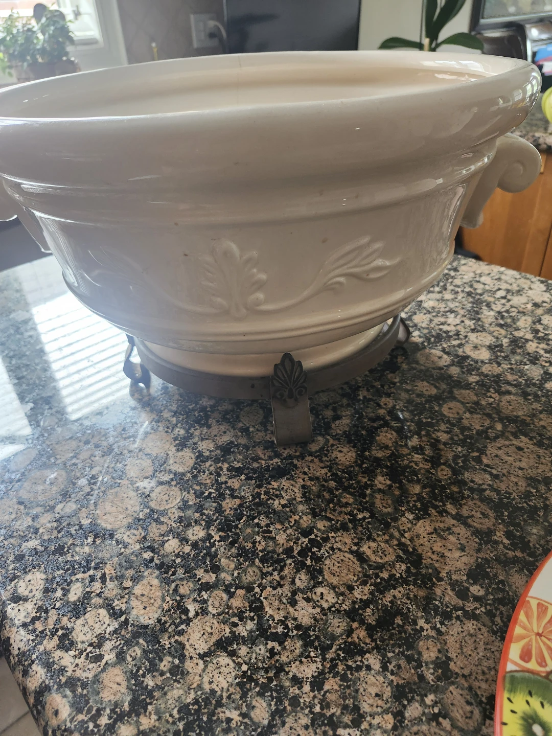 White Ceramic Serving Bowl with Metal Stand