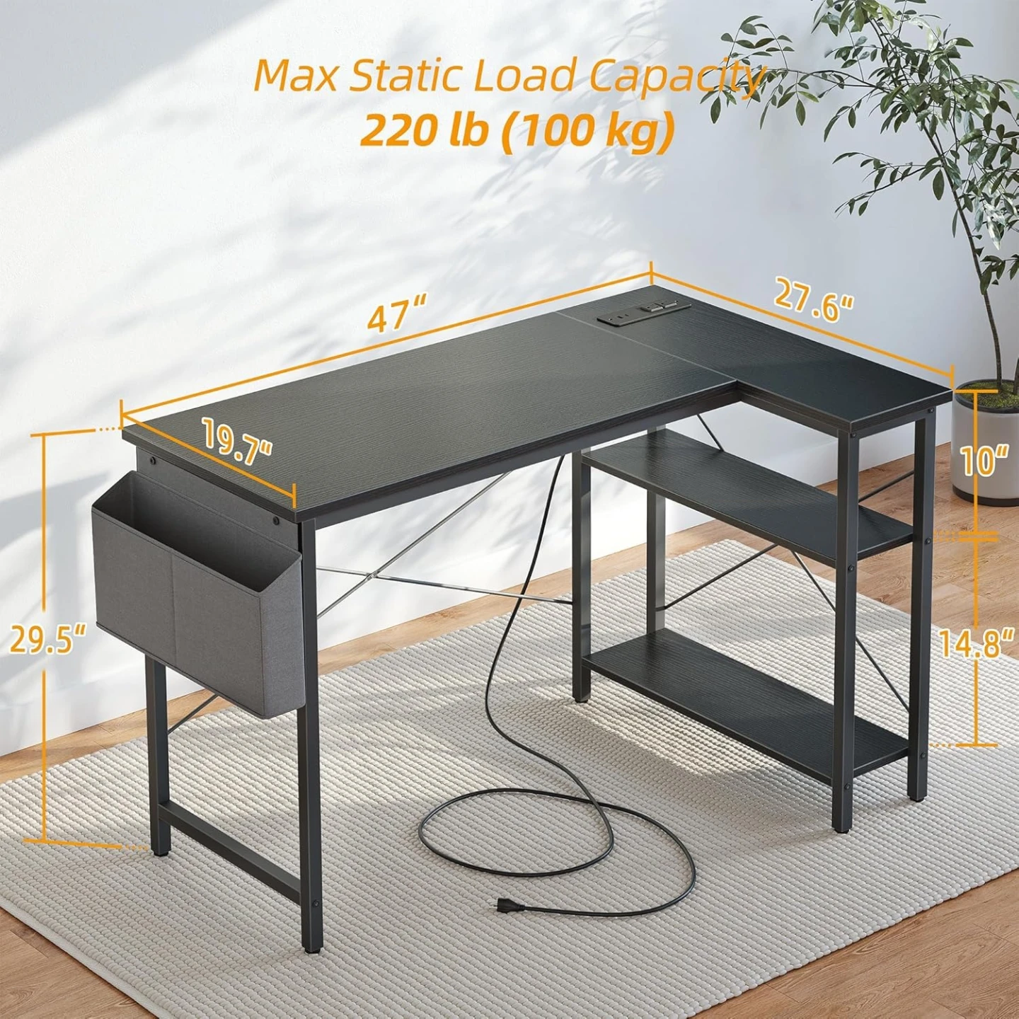 Black L-Shaped Desk with Shelves and power outlet - photo 2