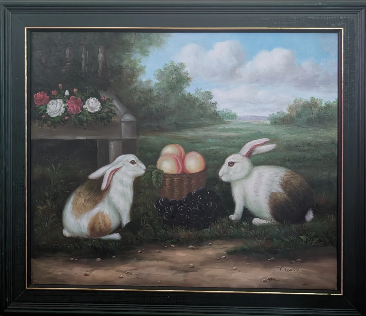 Large vintage framed "Fruit Rabbits" Oil Painting