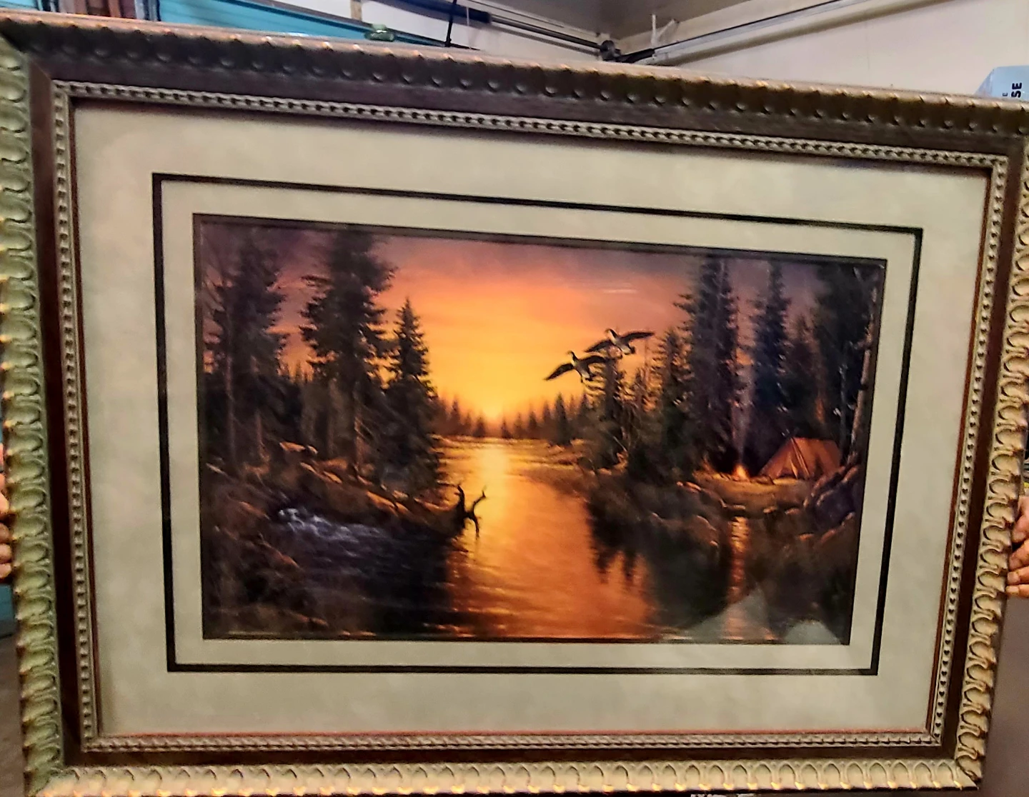 Framed Landscape Art Print with Sunset and Geese