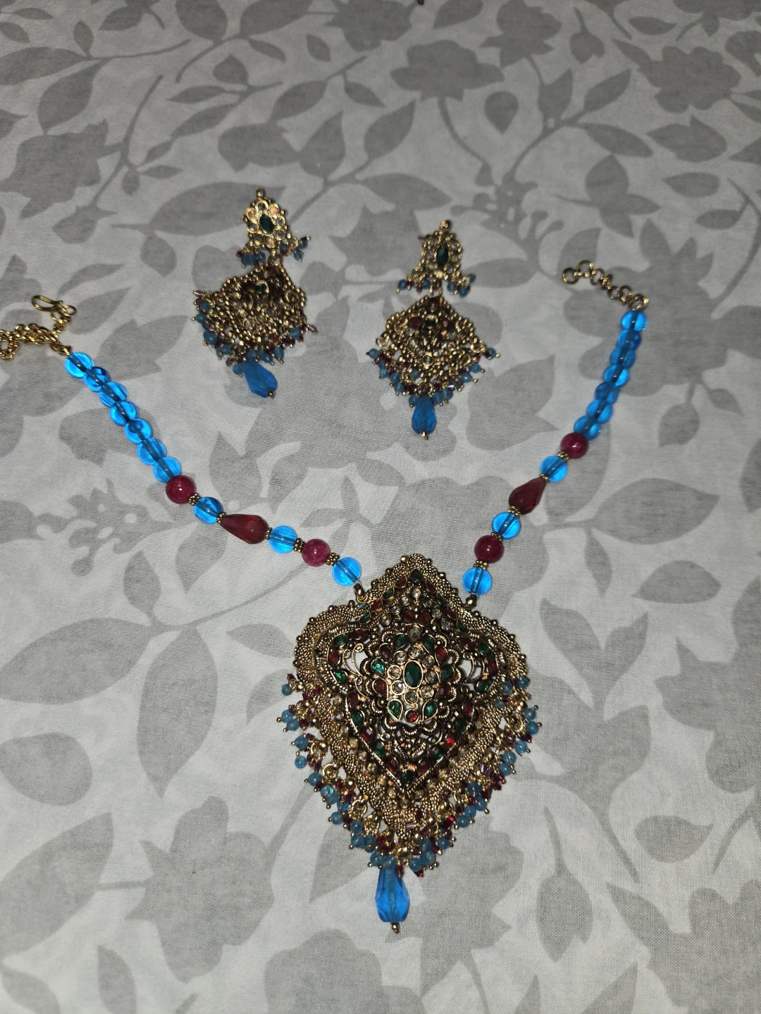 Gold-toned Necklace and Earring Set with Blue Beads