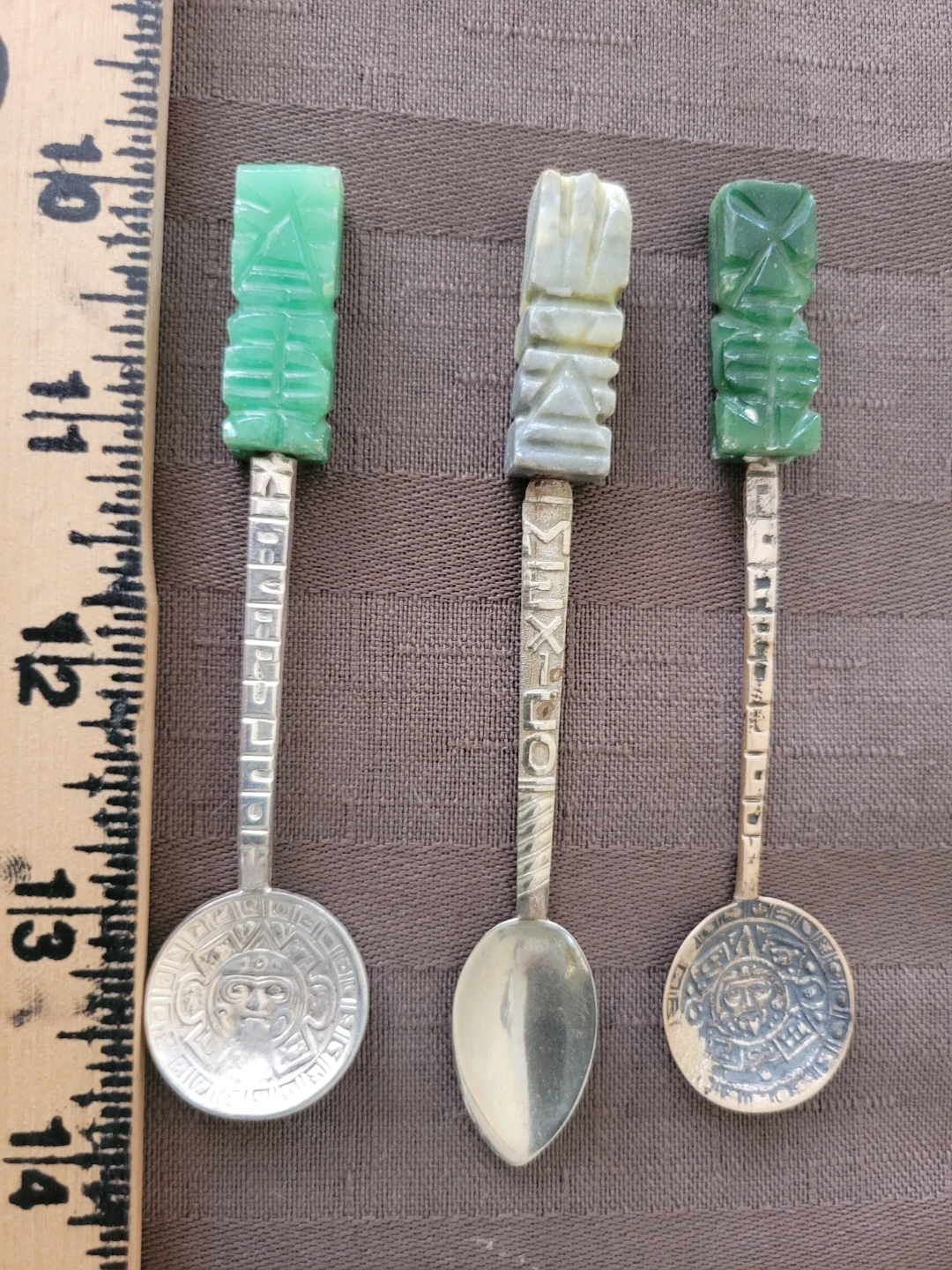 3 Mexican Carved Green Stone Sterling Silver Spoons Alpaca