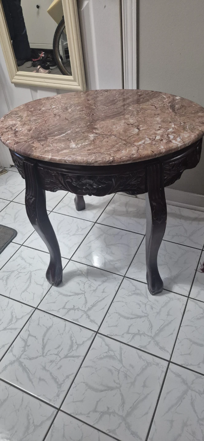 Vintage Carved Wood Side Table with Marble Top - photo 2